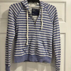 American Eagle Outfitters Blue and White Striped Hooded Zip Sweatshirt
